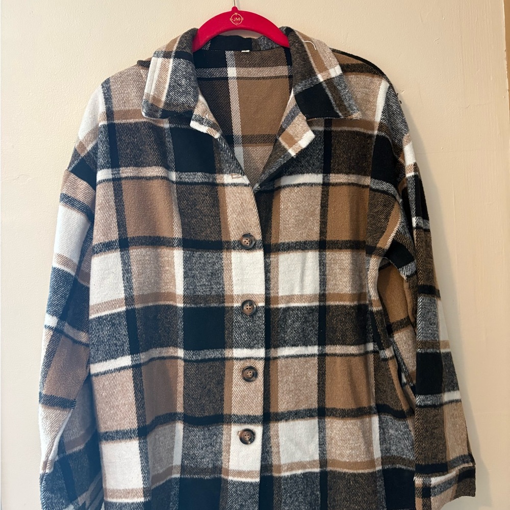 Amazon Plaid Button-Down Shirt Jacket in Brown, Black and Cream